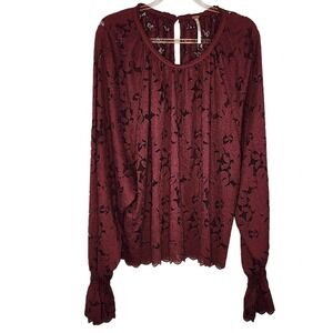 Free People Lucie Beautiful Burgundy Lace‎ Long Sleeve Peasant Blouse L